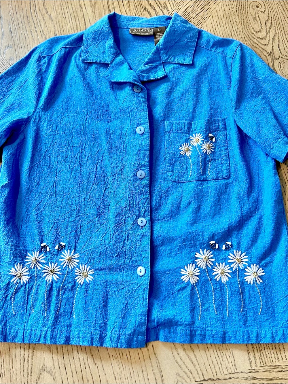 Jane Ashley Blue Floral Beaded Embroidered Y2k 90s Top Button Up M Shirt Cottage